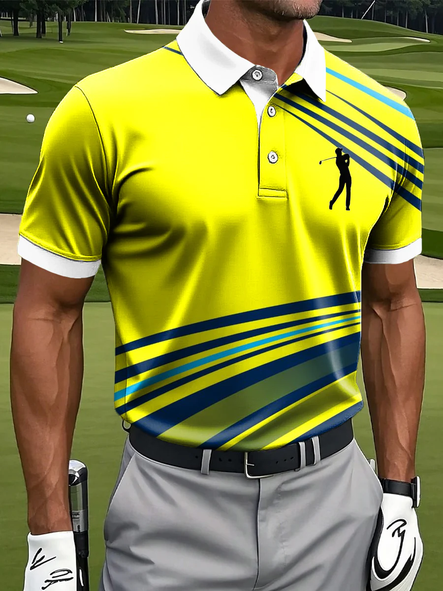 Retro Gradient Line Art Print Casual Business Polo ShirtPolo ShirtFor Men, Golf Gift For Men