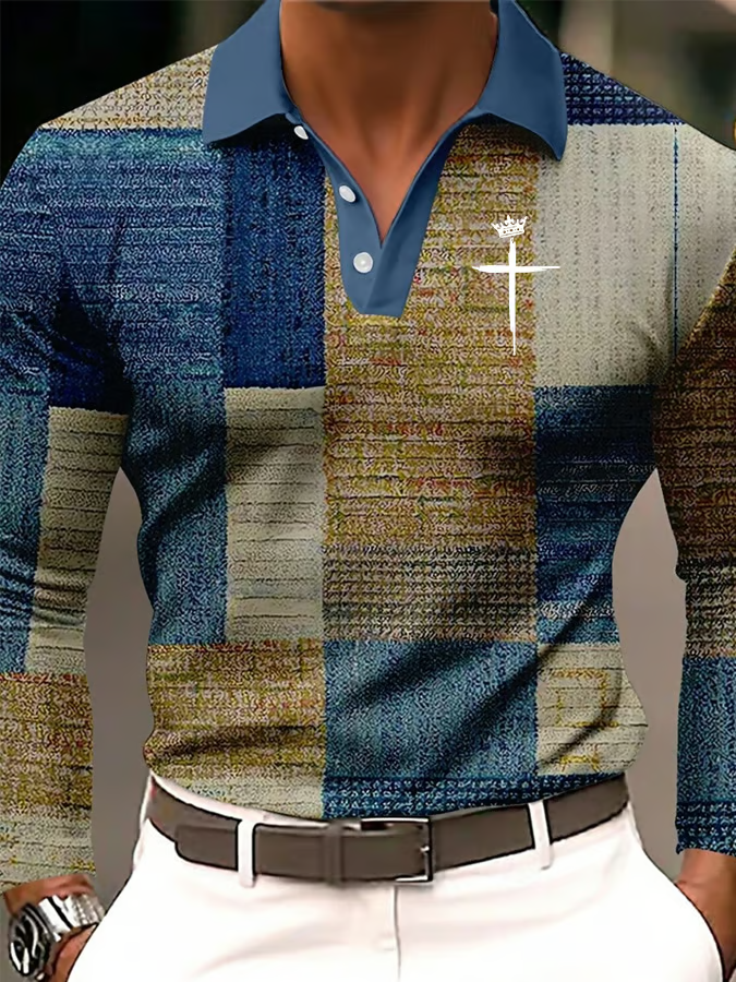 Retro Blue Polo Geometric Pattern Shirts For Men, Vintage Long Sleeve Polo ShirtRetro Golf Polo