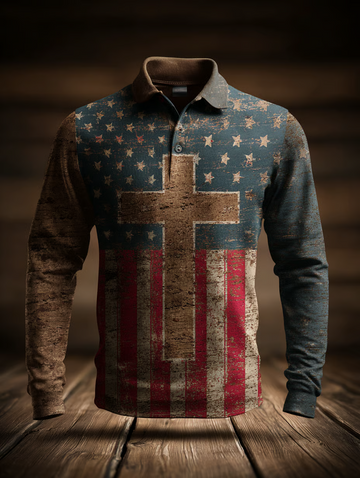 American Faith Retro American Flag Polo ShirtFor Men, Patriotic Golf Shirts, Long Sleeve Polo Shirt
