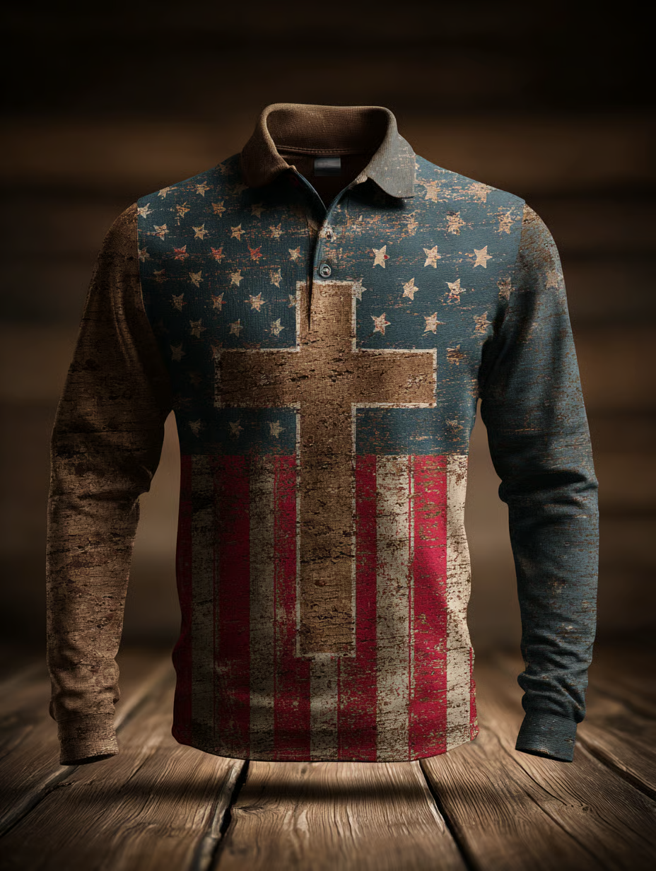 American Faith Retro American Flag Polo ShirtFor Men, Patriotic Golf Shirts, Long Sleeve Polo Shirt