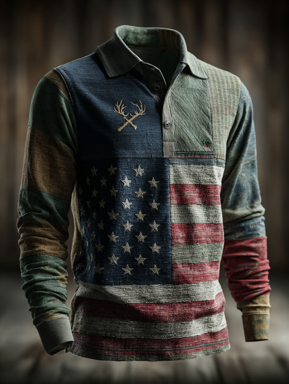 Retro American Flag Polo Shirt Men, 250th Anniversary Patriotic Golf Shirts, Vintage Long Sleeve Shirt