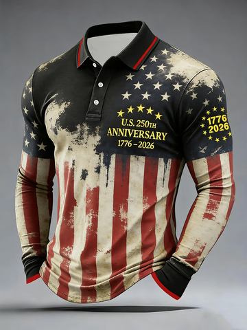 US 250th Anniversary 1776-2026 Vintage American Flag Polo ShirtFor Men, Patriotic Golf Shirts