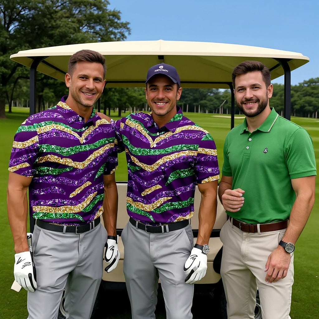 Purple Green Gold Sequin Pattern Purple Golf Shirt, Mardi Gras Golf Shirt, Polo ShirtFor Men