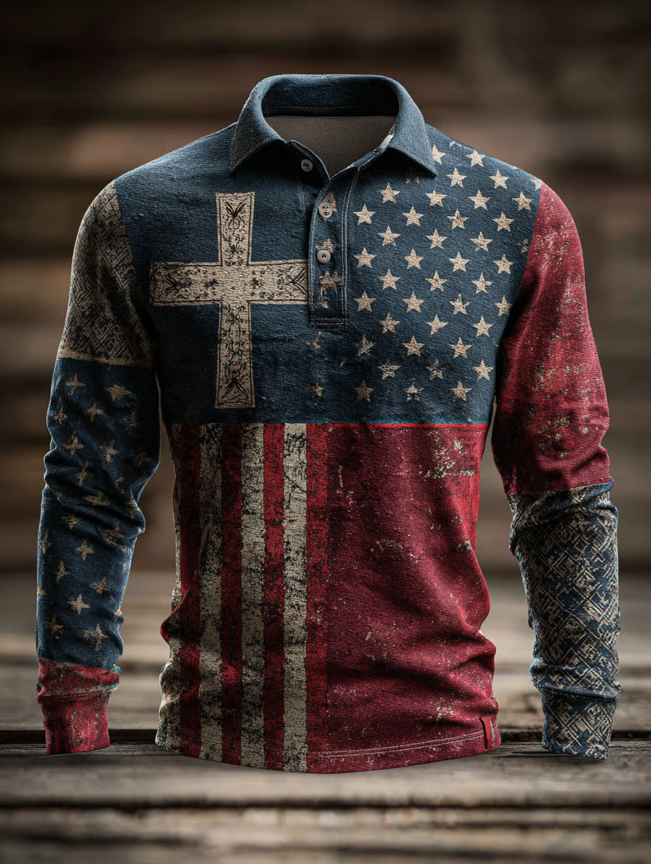 American Faith Vintage American Flag Polo ShirtFor Men, Patriotic Golf Shirts, Long Sleeve Polo Shirt