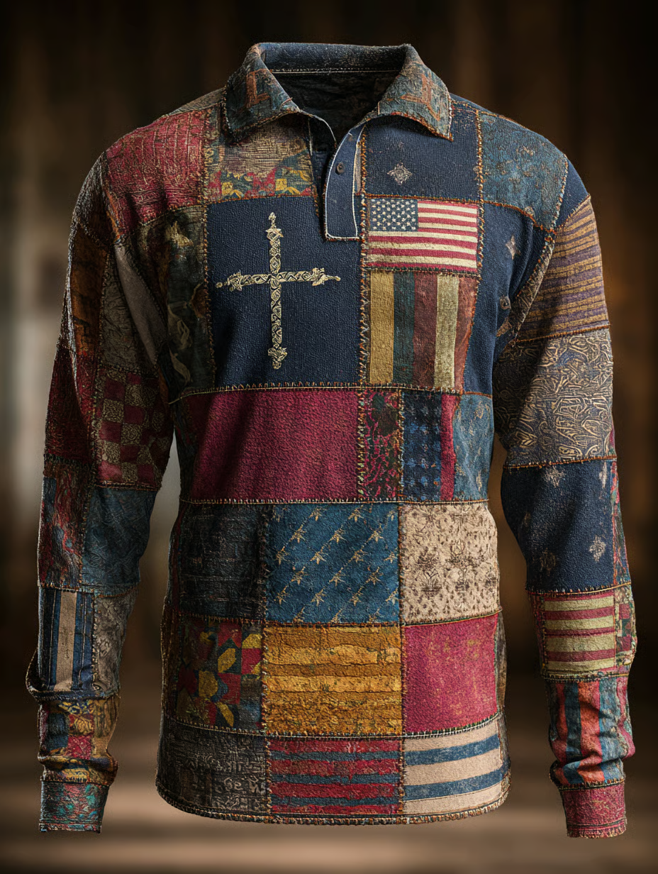Religious Cross Patriotic Golf Polos, Polo ShirtFor Men, 250th Anniversary Vintage Long Sleeve Polo Shirt