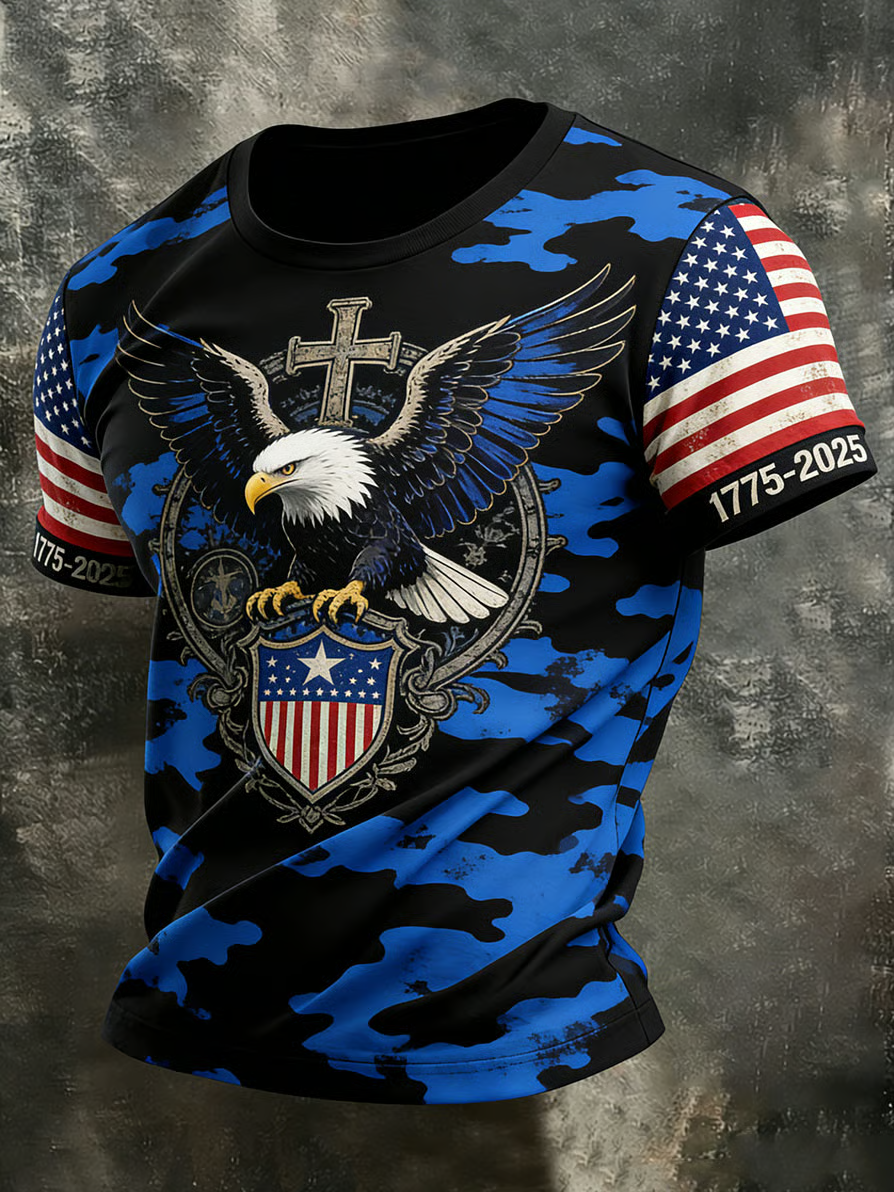 Faith Cross 250th Anniversary Blue Camo Patriotic Golf Shirt, 4th Of July Golf Shirt, Golf Shirts For Men