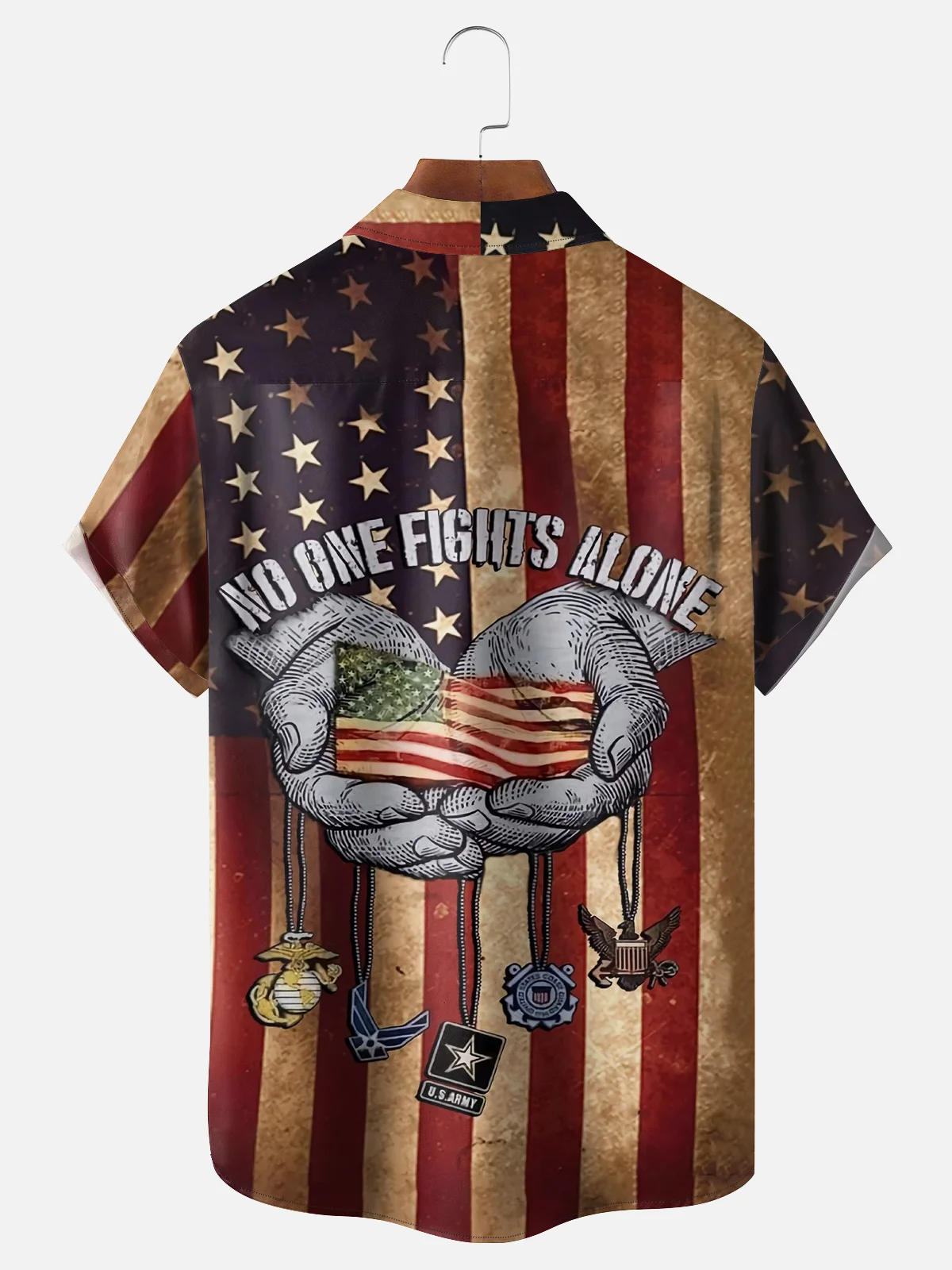 No One Fights Alone Patriotic American Flags Hawaiian Golf Shirt, 250th Anniversary Tropical Vibe Men's Golf Shirt