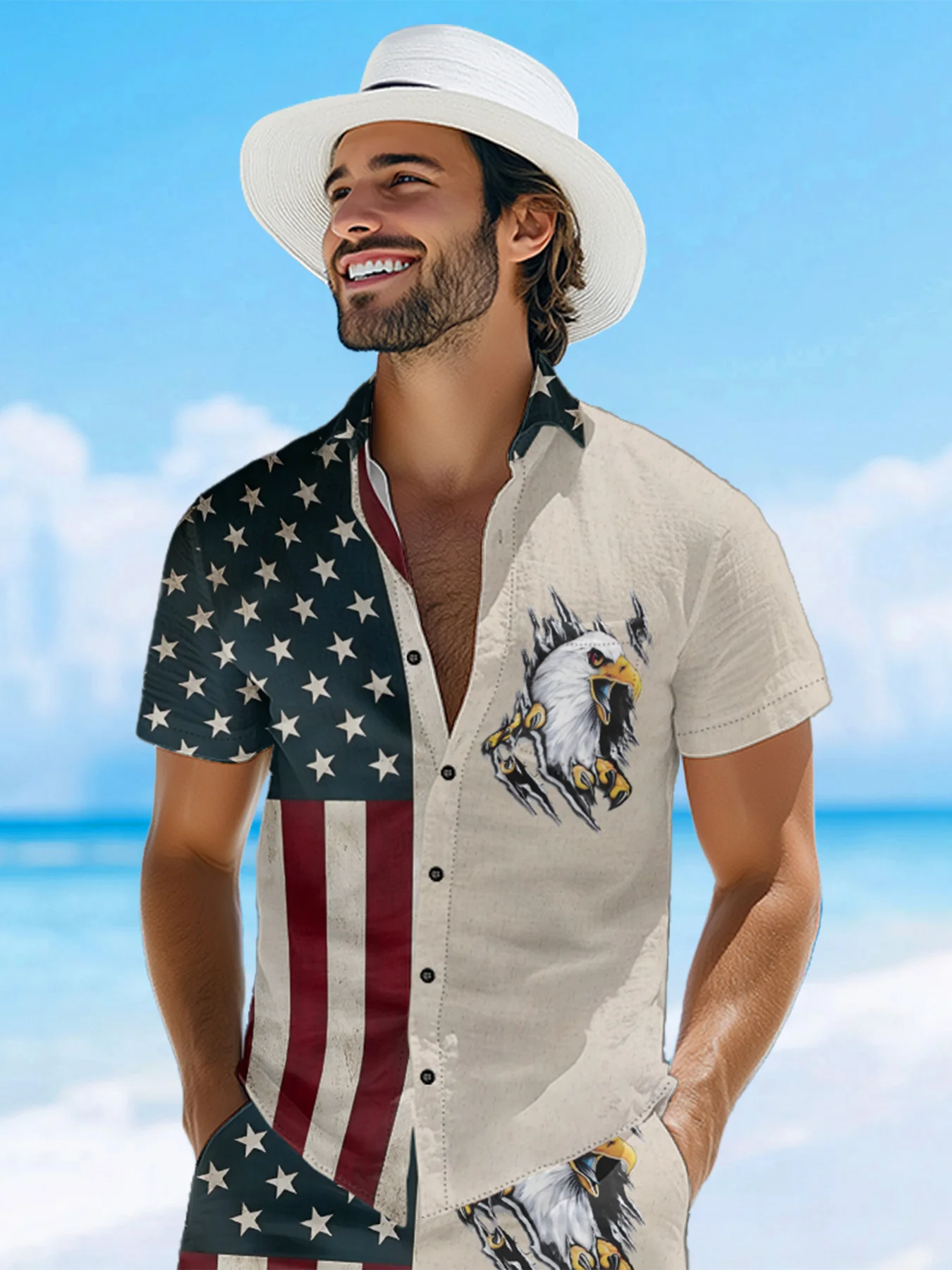 Retro Eagle American Flag Pride Hawaiian Golf Shirt, 250th Anniversary Tropical Vibe Men's Golf Shirt