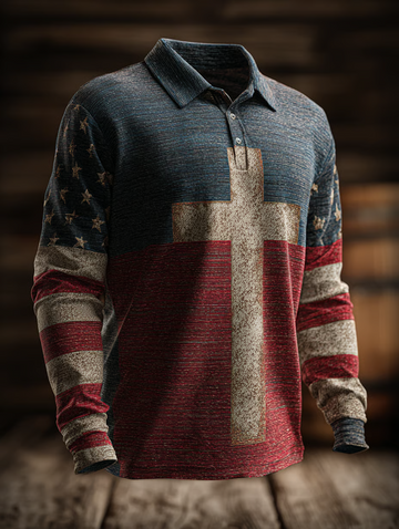 American Christian Retro American Flag Polo ShirtFor Men, Patriotic Golf Shirts, Long Sleeve Polo Shirt
