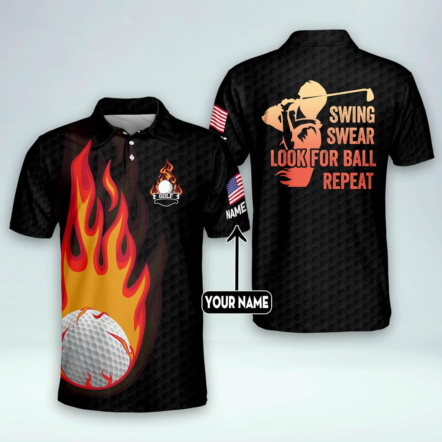 Swing Swear Look For Ball Repeat American Flag Custom Name Golf Polo Shirtlf Gift For Men, Golfing Apparel