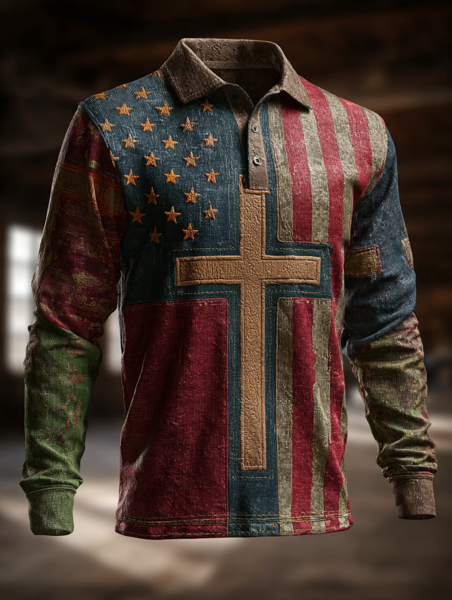 Religious Cross American Flag Golf Shirt, Polo ShirtFor Men, 250th Anniversary Vintage Long Sleeve Polo Shirt