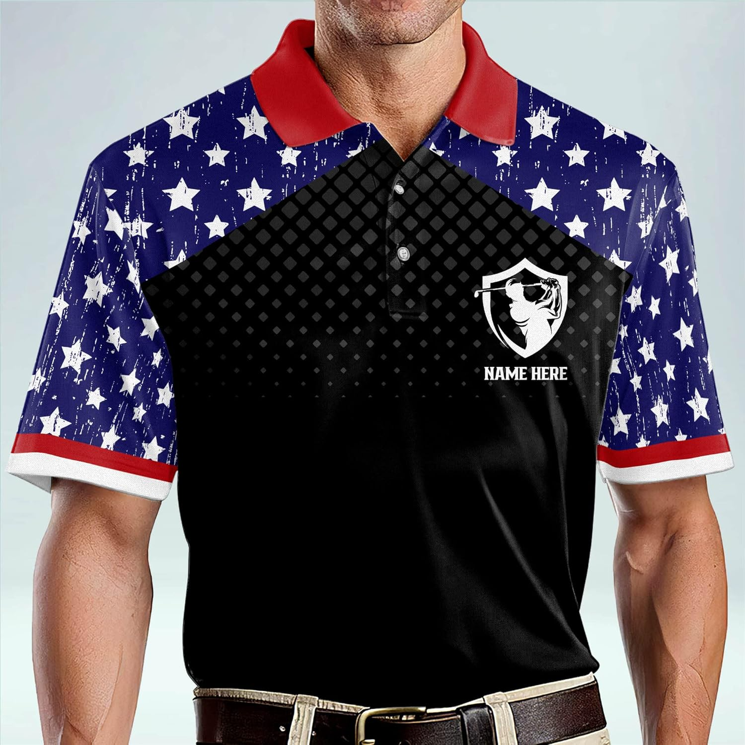 Swing Swear Look For Ball Repeat American Flag Custom Name Golf Polo Shirtol Golf Gift, Golfing Apparel
