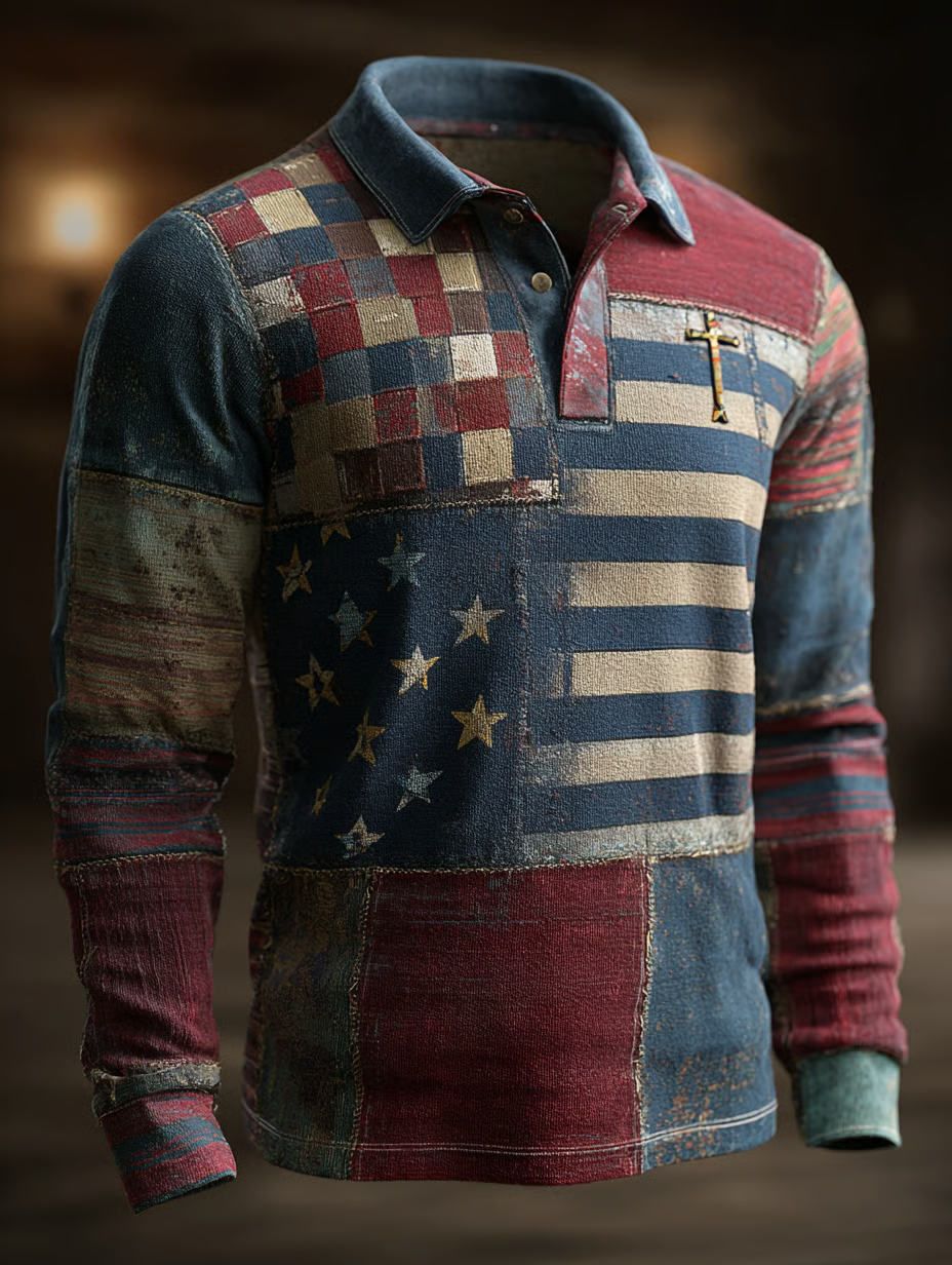 Vintage American Flag Polo ShirtFor Men, 250th Anniversary Patriotic Golf Shirts, Long Sleeve Polo Shirt