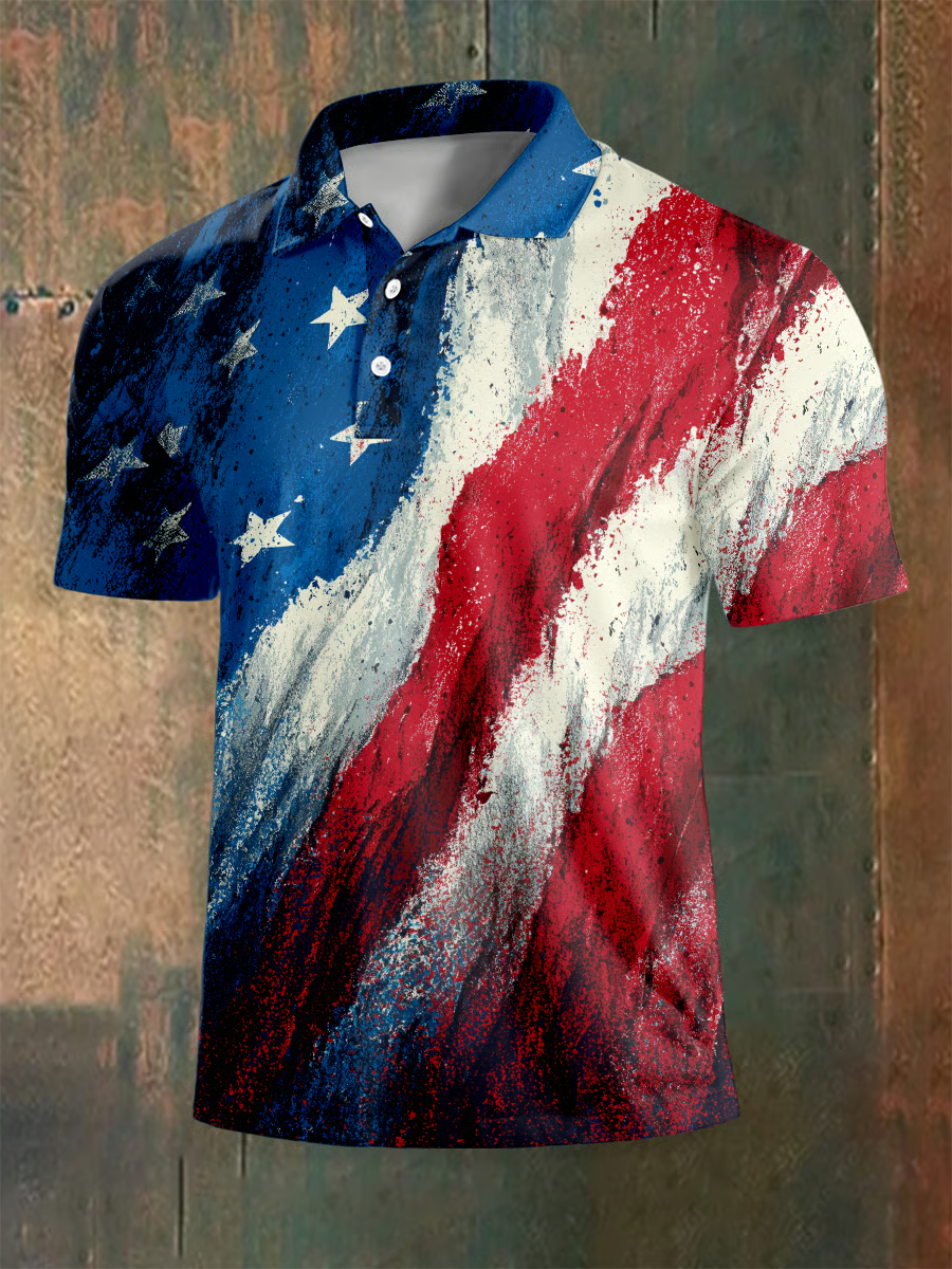 Distressed Painted US Flag Patriotic Golf Shirt, 4th Of July 250 Years American Pride Golf Shirts For Men
