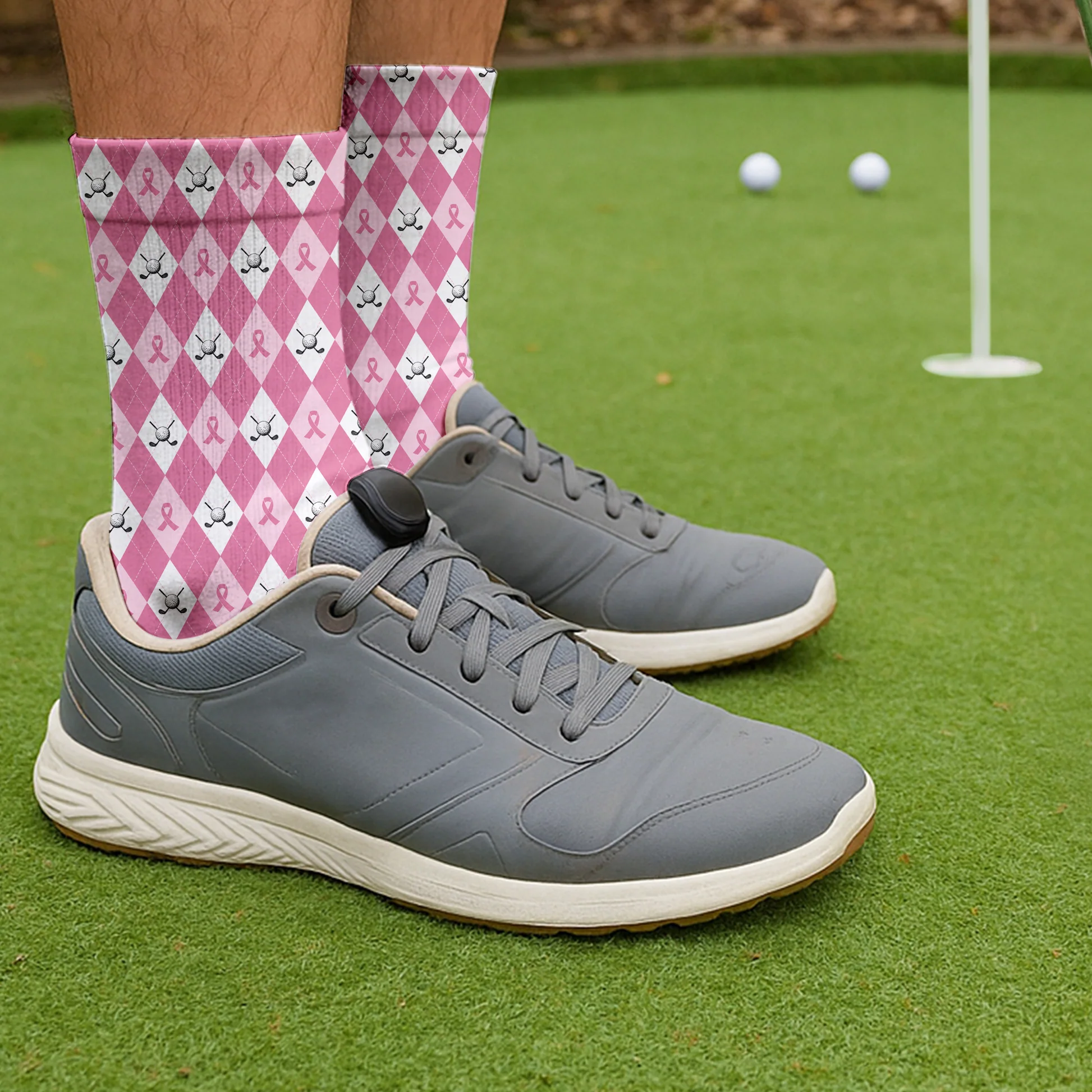 Pink Argyle Men's Golf Shirt With Socks Free, Breast Cancer Awareness Gift