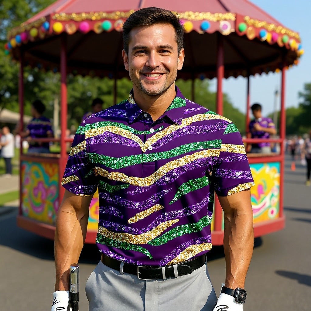 Purple Green Gold Sequin Pattern Purple Golf Shirt, Mardi Gras Golf Shirt, Polo ShirtFor Men