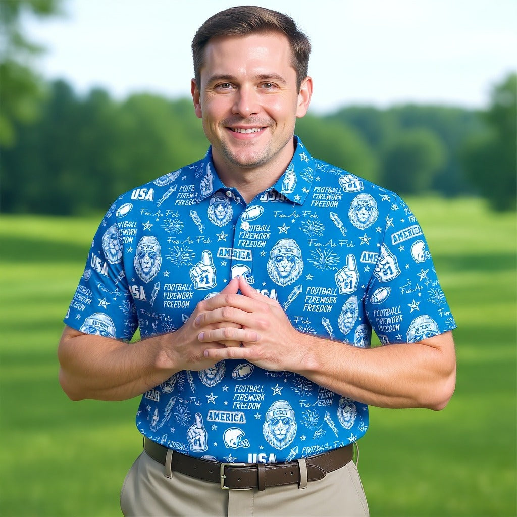 Cool Lion Football Freedom Blue Polo ShirtAmerican Football League Gift Ideas For Football Fans