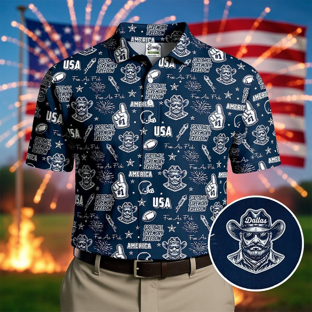 Cowboy Football Team Navy Blue And White Sport Polo, American Football League Gift Ideas For Football Fans