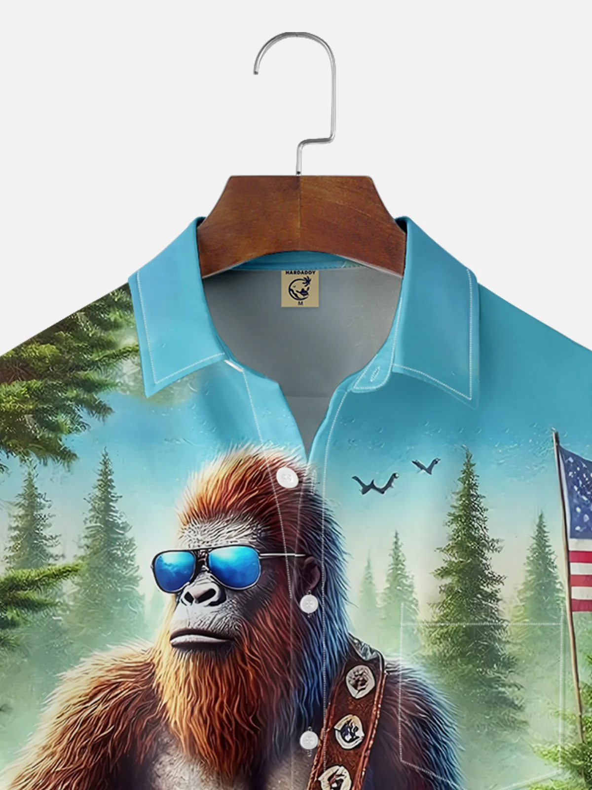 American Flag Patriot Bigfoot Guitar Rock Hawaiian Golf Shirt, 250th Anniversary Tropical Vibe Men's Golf Shirt