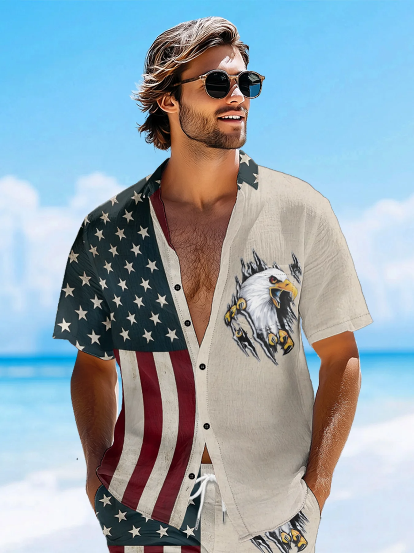 Retro Eagle American Flag Pride Hawaiian Golf Shirt, 250th Anniversary Tropical Vibe Men's Golf Shirt