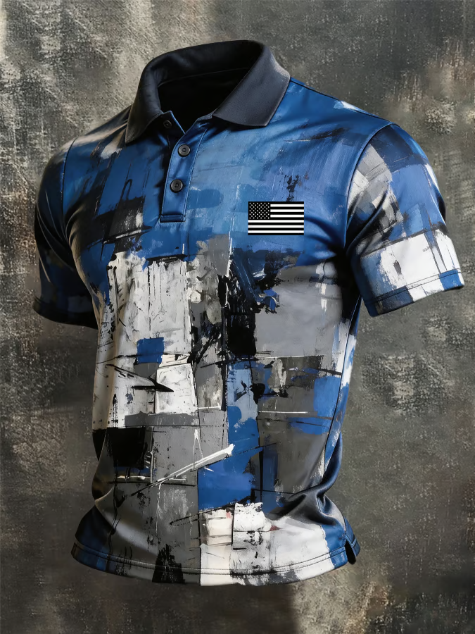 Blue Grey Block Pattern US Flag Logo Patriotic Golf Shirt, 4th Of July 250 Years Pride Golf Shirts For Men