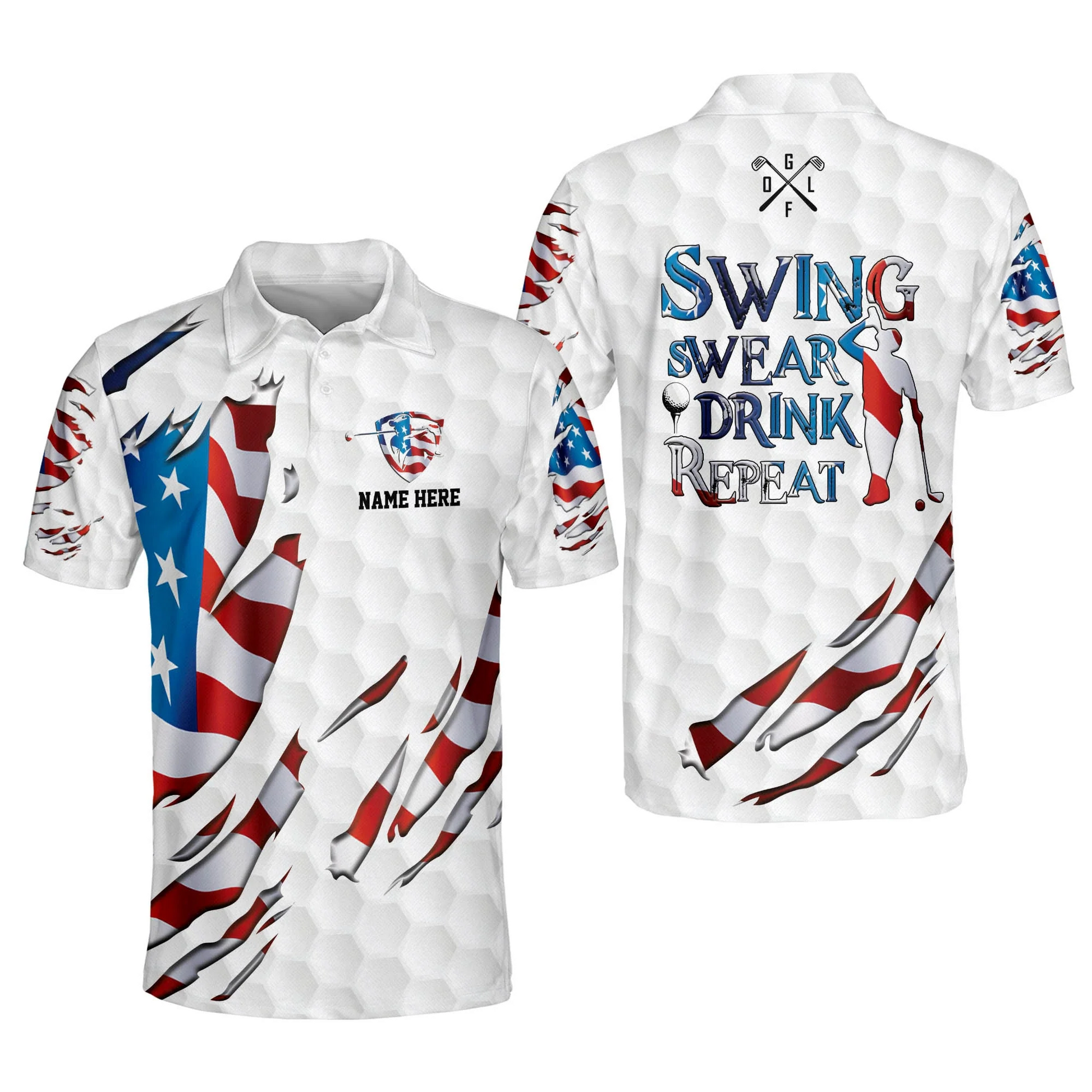 Custom Name Swing Swear Repeat American Flag Ripped Golf Polo Shirtlf Gift For Men, Golfing Apparel