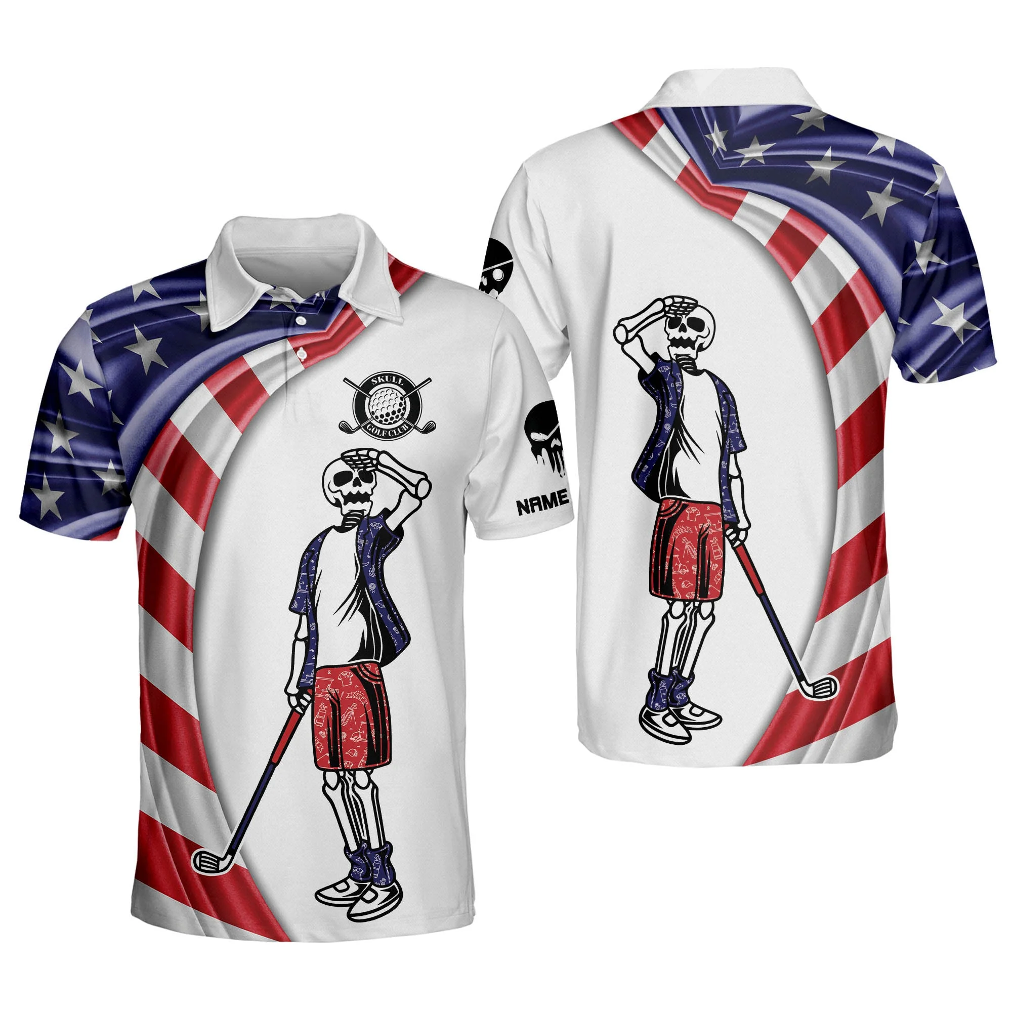 Custom Name Patriotic American Flag Skull Crazy Golf Polo Shirtlf Gift For Men, Golfing Apparel