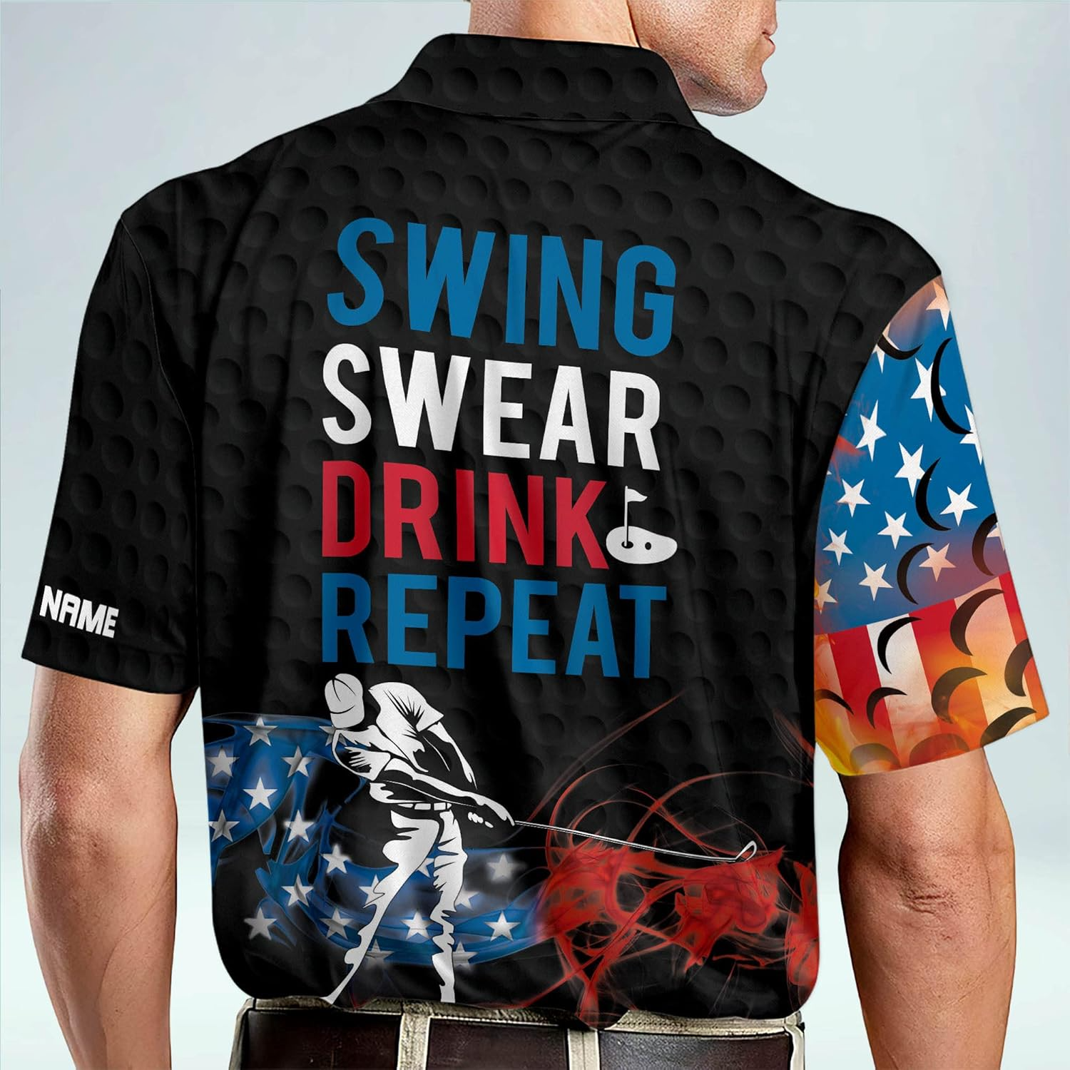 Swing Swear Drink Repeat American Flag Custom Name Golf Polo Shirtlf Gift For Men, Golfing Apparel