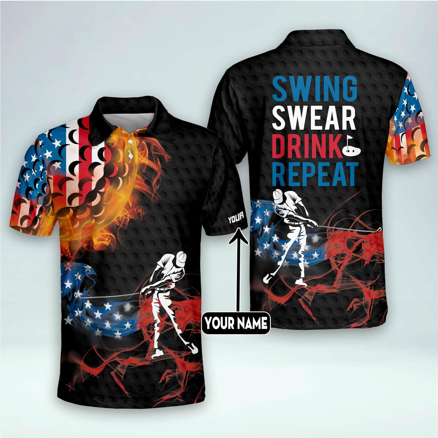Swing Swear Drink Repeat American Flag Custom Name Golf Polo Shirtlf Gift For Men, Golfing Apparel