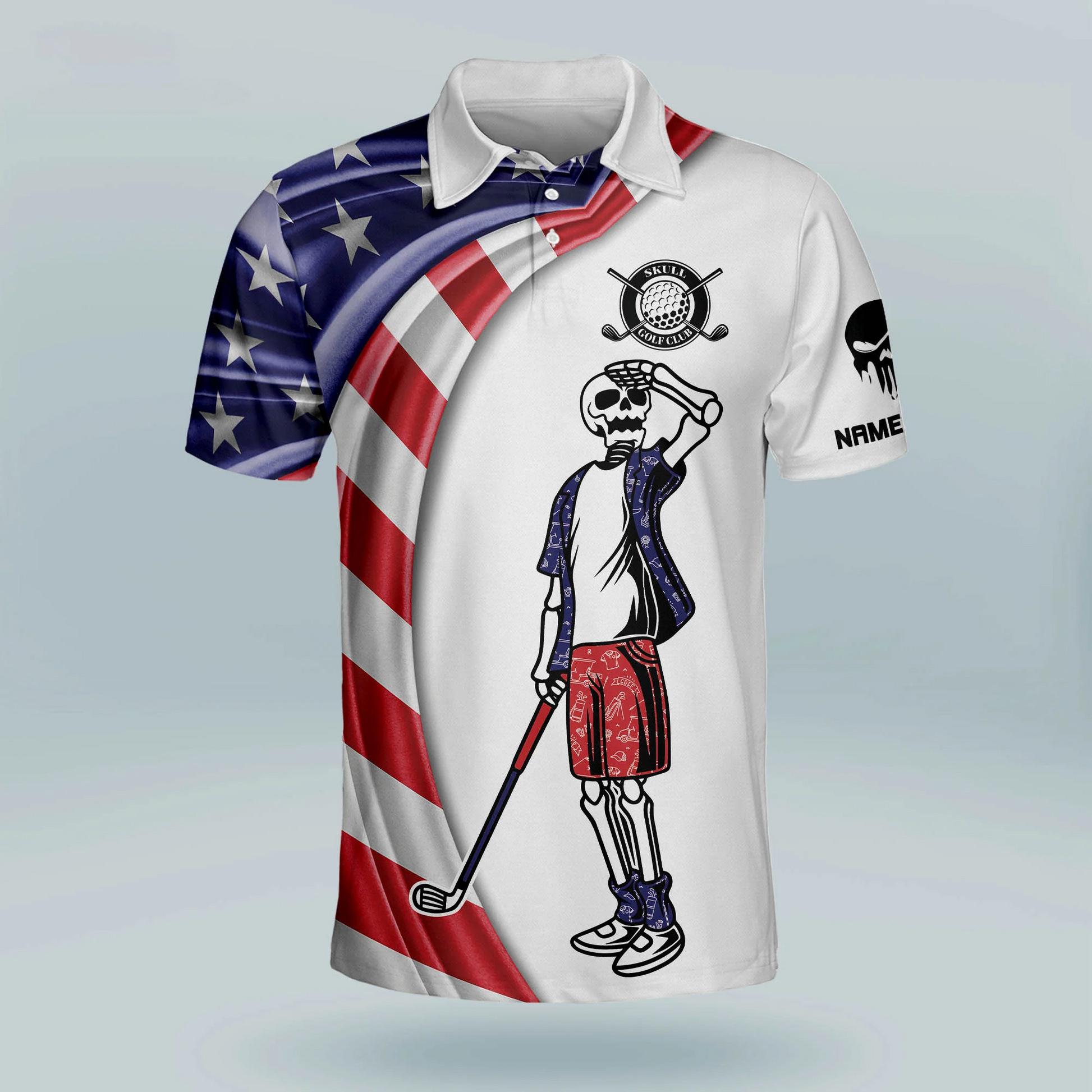 Custom Name Patriotic American Flag Skull Crazy Golf Polo Shirtlf Gift For Men, Golfing Apparel