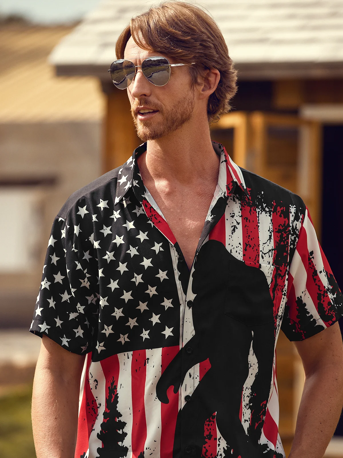 American Patriot Bigfoot US Flag Print Hawaiian Golf Shirt, 250th Anniversary Tropical Vibe Men's Golf Shirt