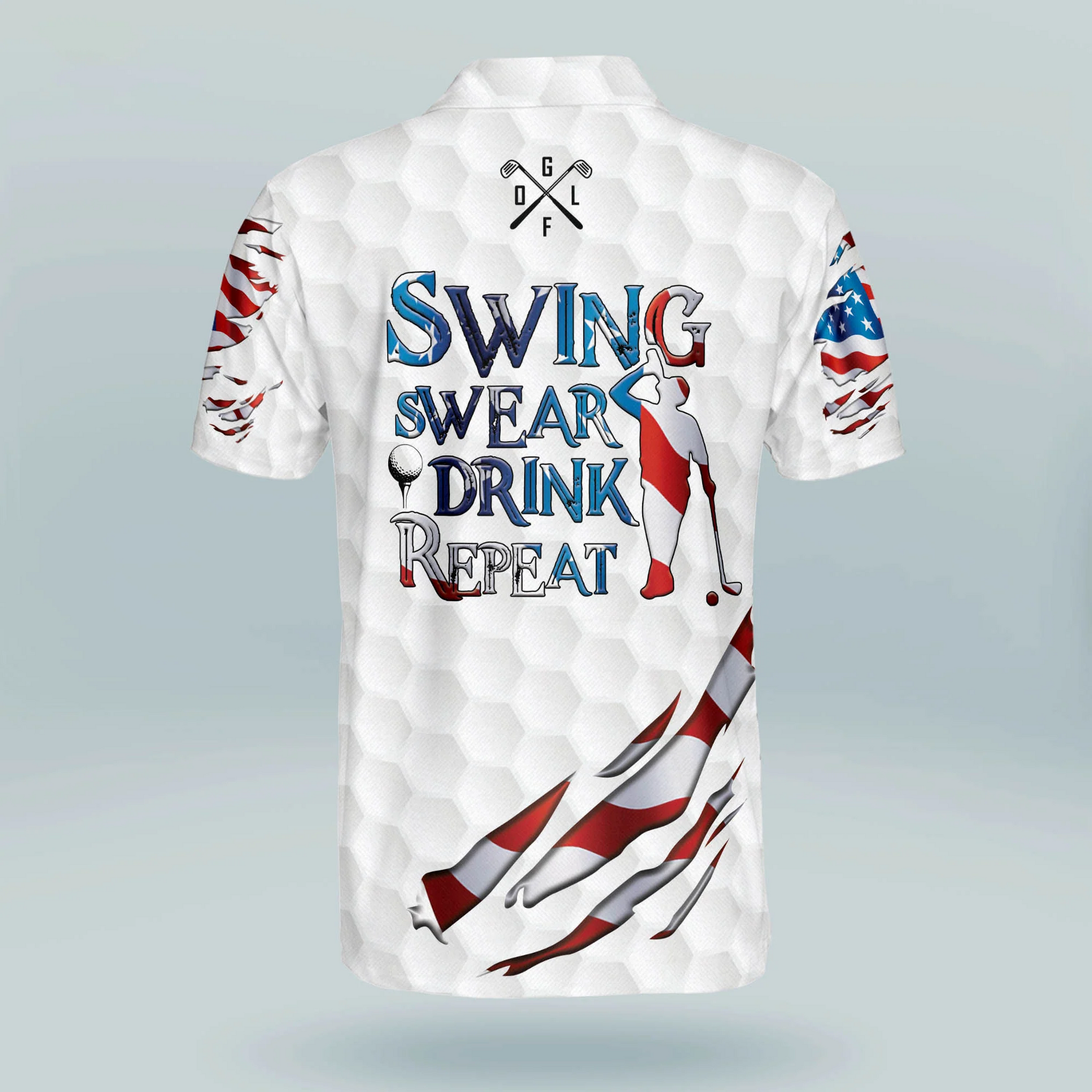 Custom Name Swing Swear Repeat American Flag Ripped Golf Polo Shirtlf Gift For Men, Golfing Apparel
