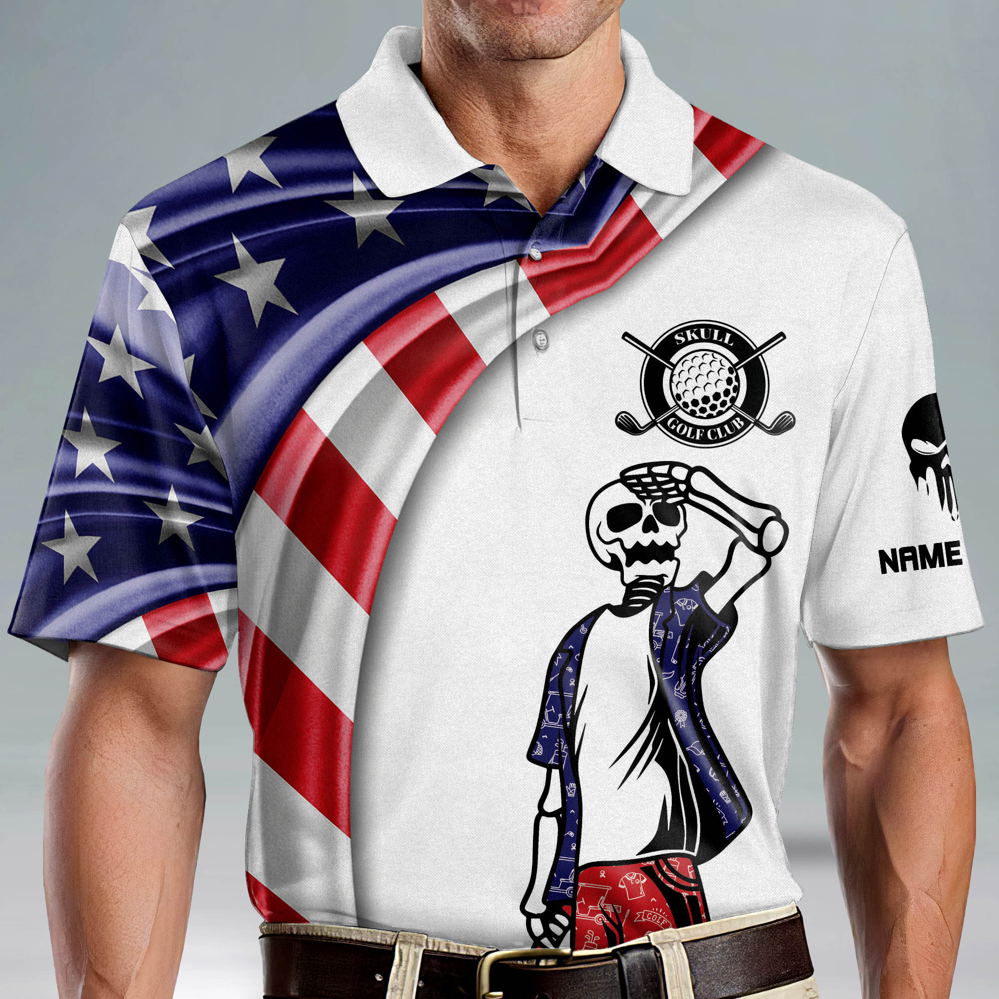 Custom Name Patriotic American Flag Skull Crazy Golf Polo Shirtlf Gift For Men, Golfing Apparel