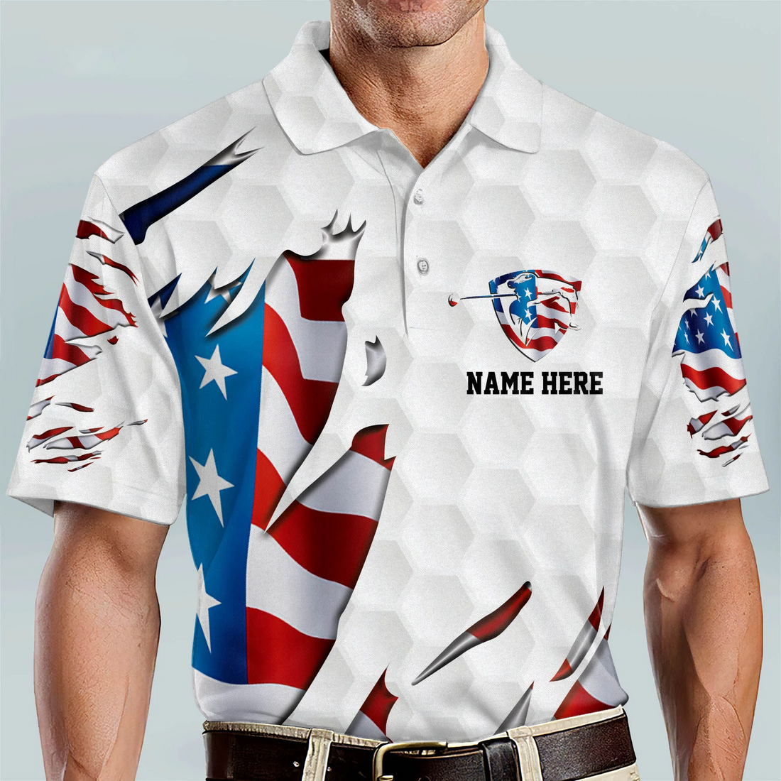 Custom Name Swing Swear Repeat American Flag Ripped Golf Polo Shirtlf Gift For Men, Golfing Apparel