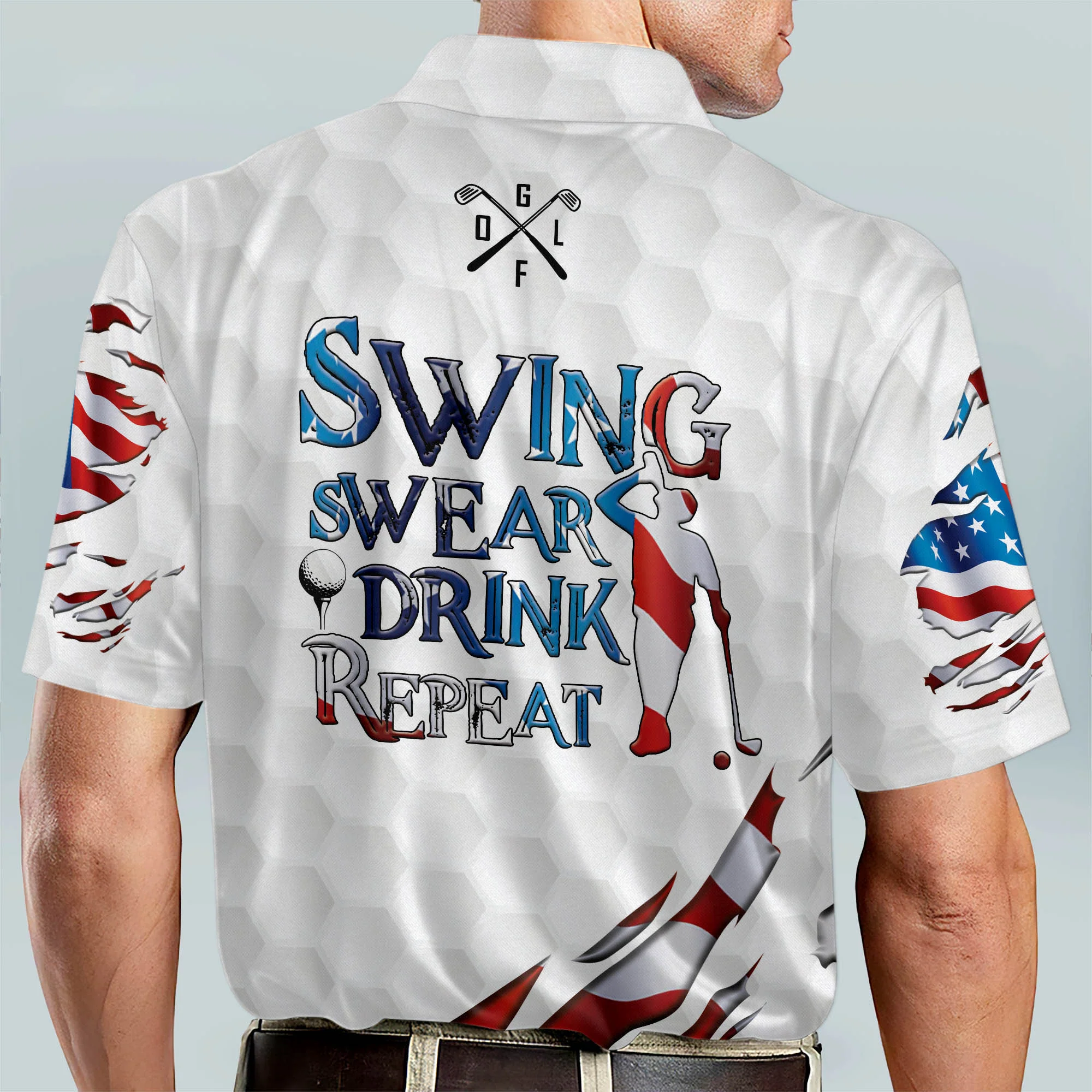 Custom Name Swing Swear Repeat American Flag Ripped Golf Polo Shirtlf Gift For Men, Golfing Apparel