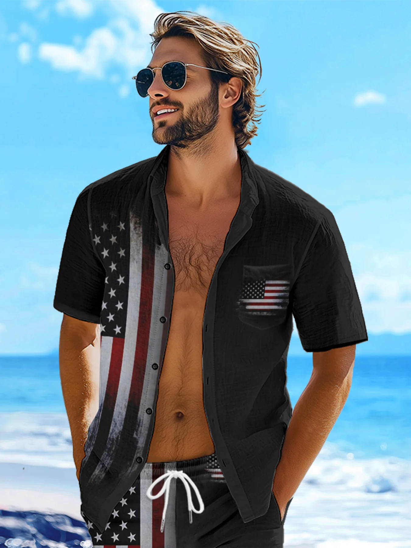 American Flag Pride Black Hawaiian Golf Shirt, 250th Anniversary Tropical Vibe Men's Golf Shirt