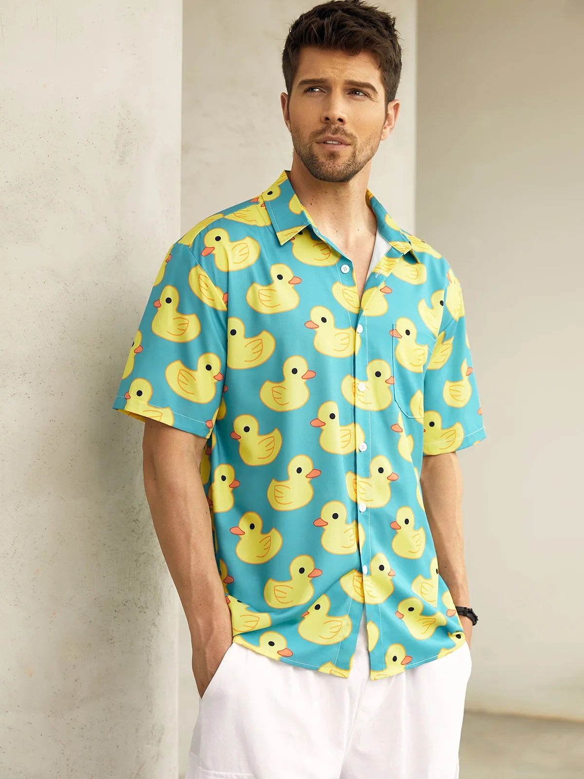 Yellow Ducks Seamless Pattern Hawaiian Golf Shirt,  Men's Golf Shirt, Tropical Vibe Funny Golf Shirt