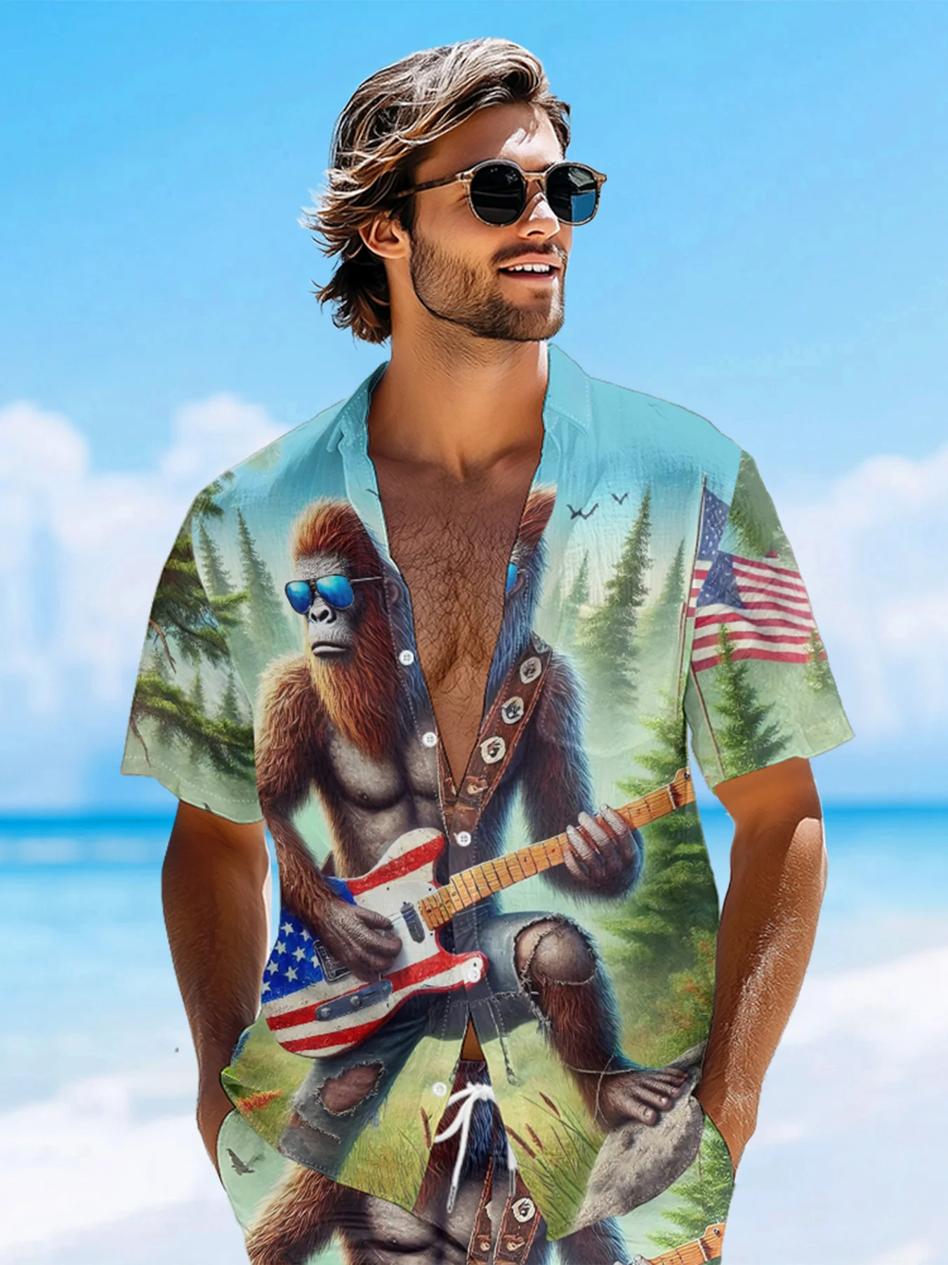 American Flag Patriot Bigfoot Guitar Rock Hawaiian Golf Shirt, 250th Anniversary Tropical Vibe Men's Golf Shirt