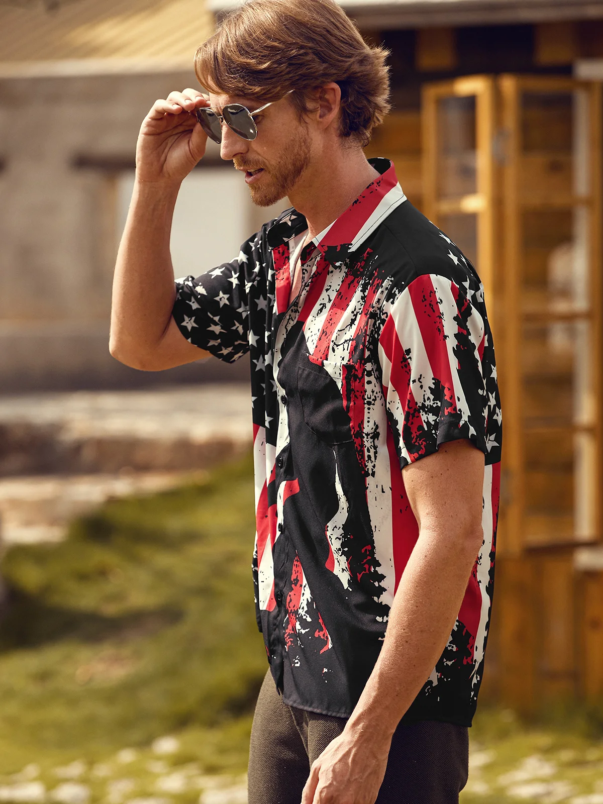 American Patriot Bigfoot US Flag Print Hawaiian Golf Shirt, 250th Anniversary Tropical Vibe Men's Golf Shirt