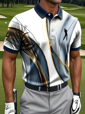 Men's Retro Abstract Line Art Print Golf Tops For Men, Polo ShirtFor Men, Golf Gift For Men