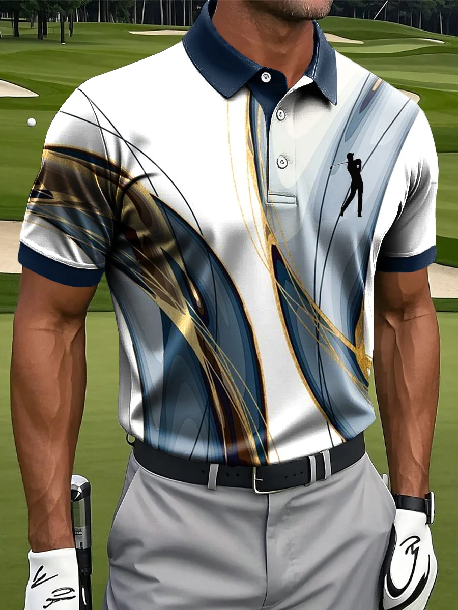 Men's Retro Abstract Line Art Print Golf Tops For Men, Polo ShirtFor Men, Golf Gift For Men