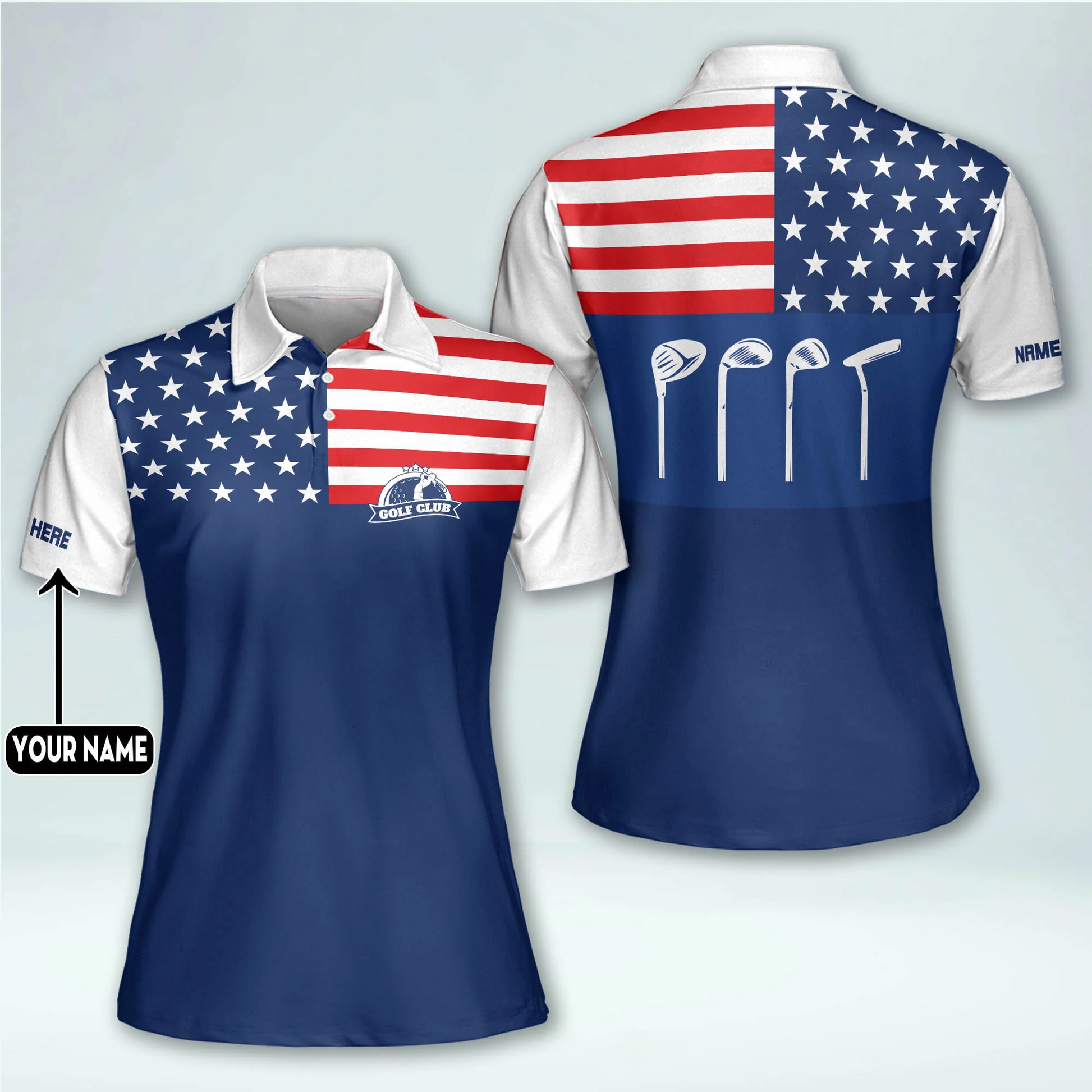 Lady Squad America Flag Custom Name Golf Shirt, Golf Shirt For Women, Ladies Golf Polos