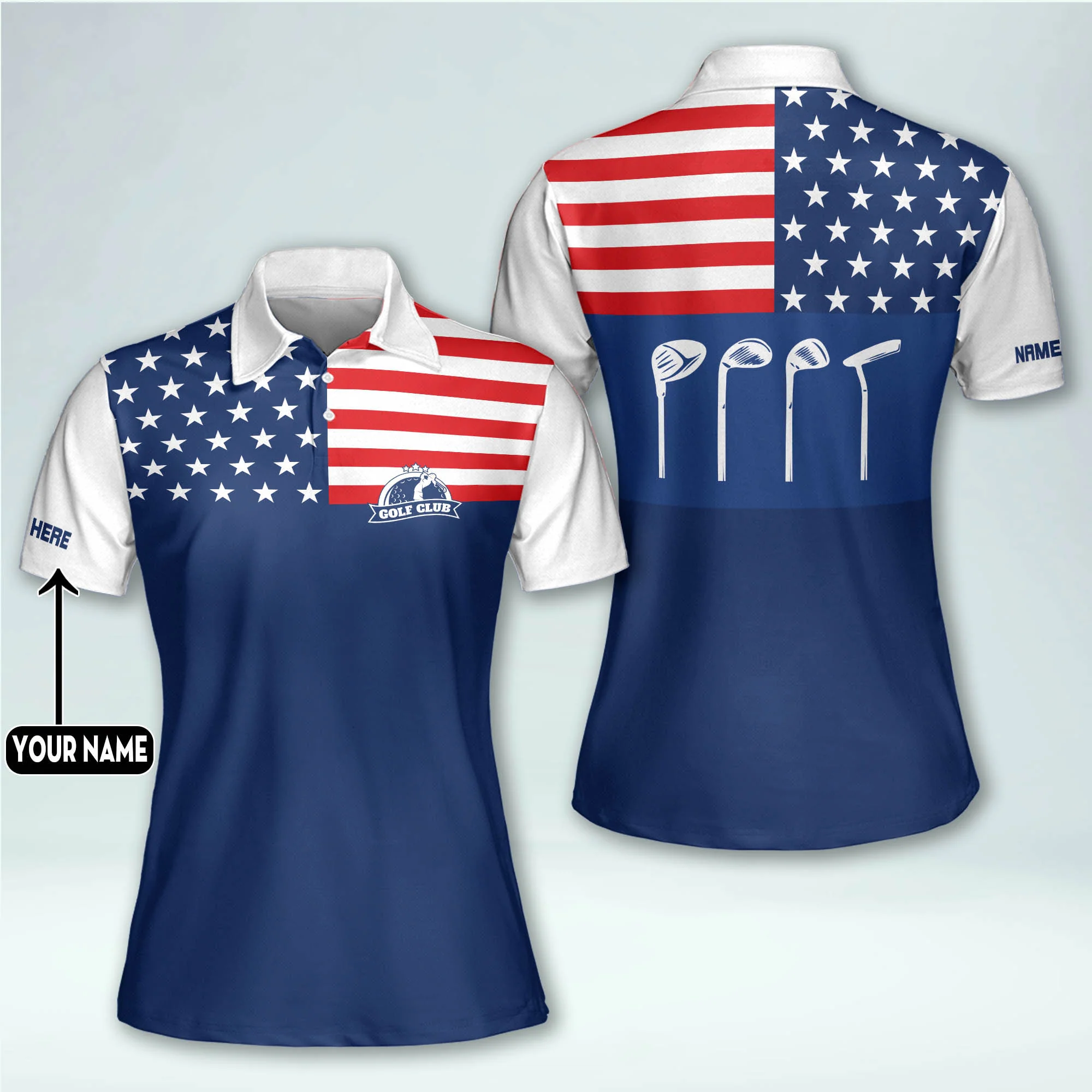Lady Squad America Flag Custom Name Golf Shirt, Golf Shirt For Women, Ladies Golf Polos