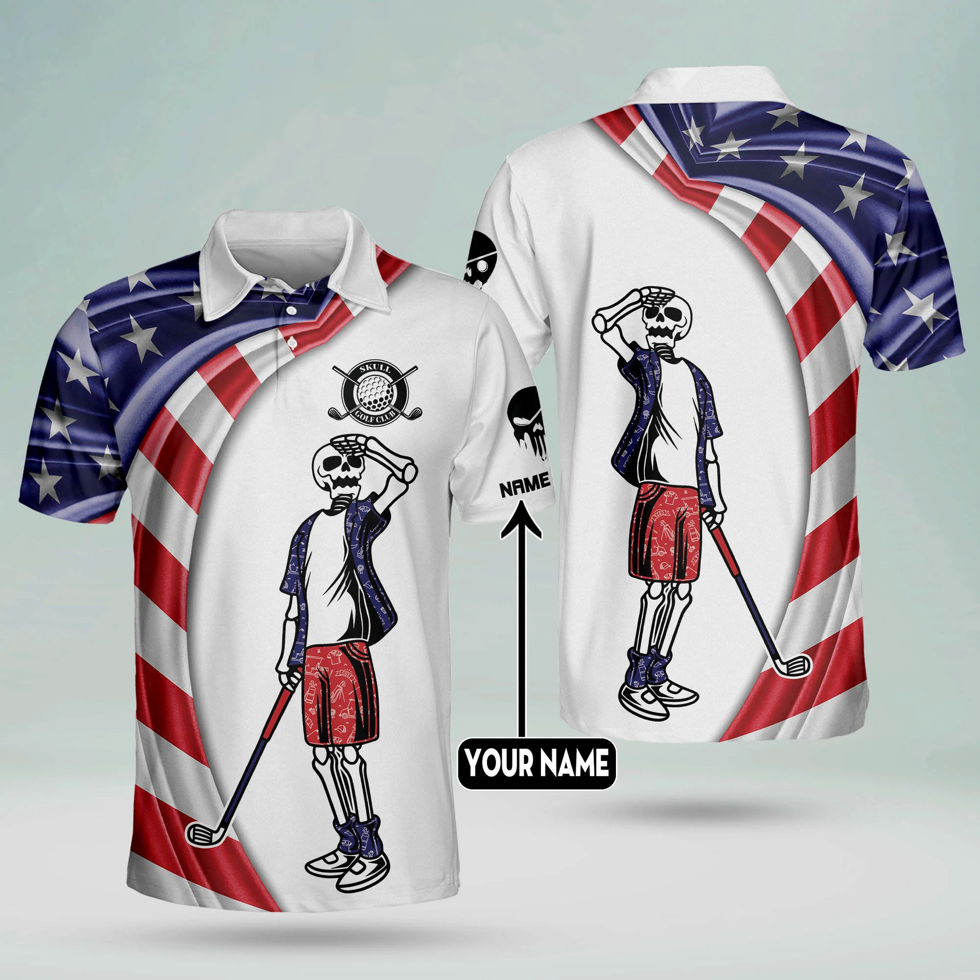 Custom Name Patriotic American Flag Skull Crazy Golf Polo Shirtlf Gift For Men, Golfing Apparel