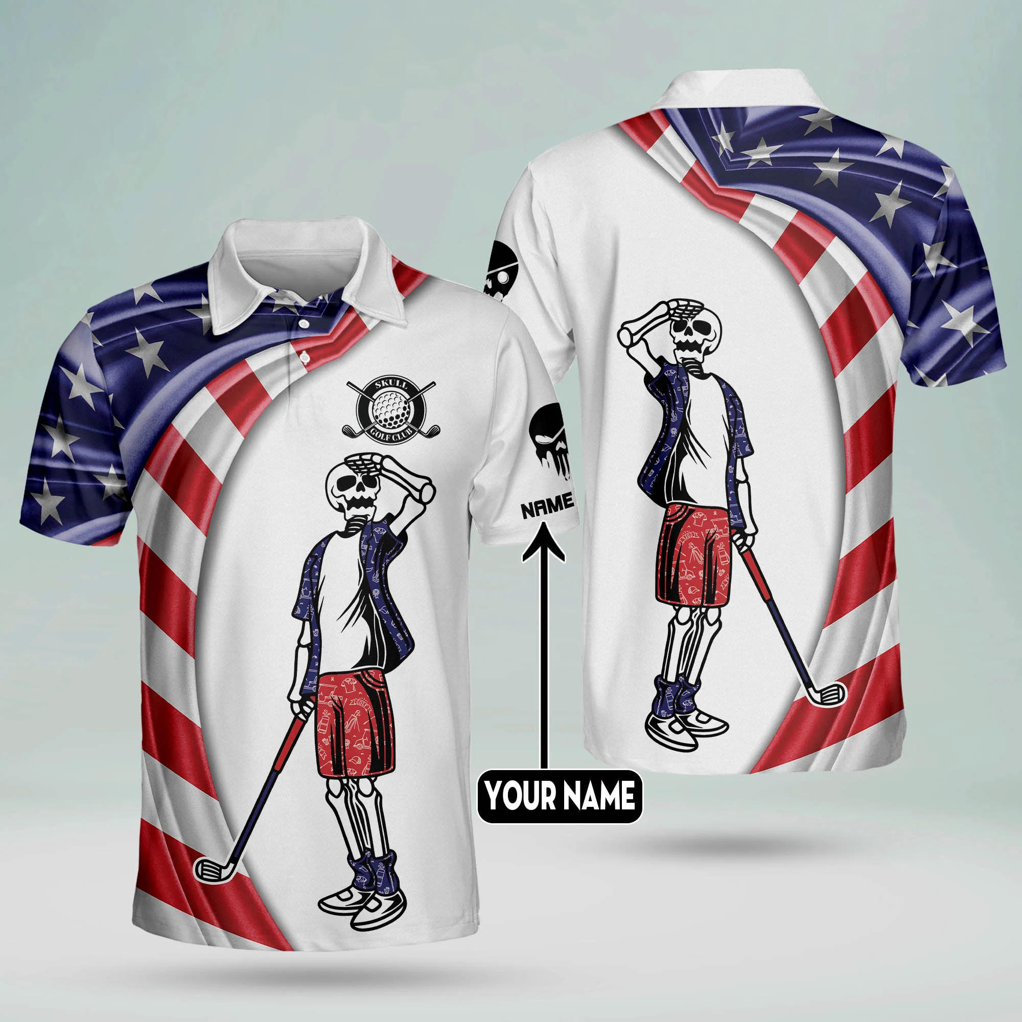 Custom Name Patriotic American Flag Skull Crazy Golf Polo Shirtlf Gift For Men, Golfing Apparel