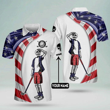 Custom Name Patriotic American Flag Skull Crazy Golf Polo Shirtlf Gift For Men, Golfing Apparel
