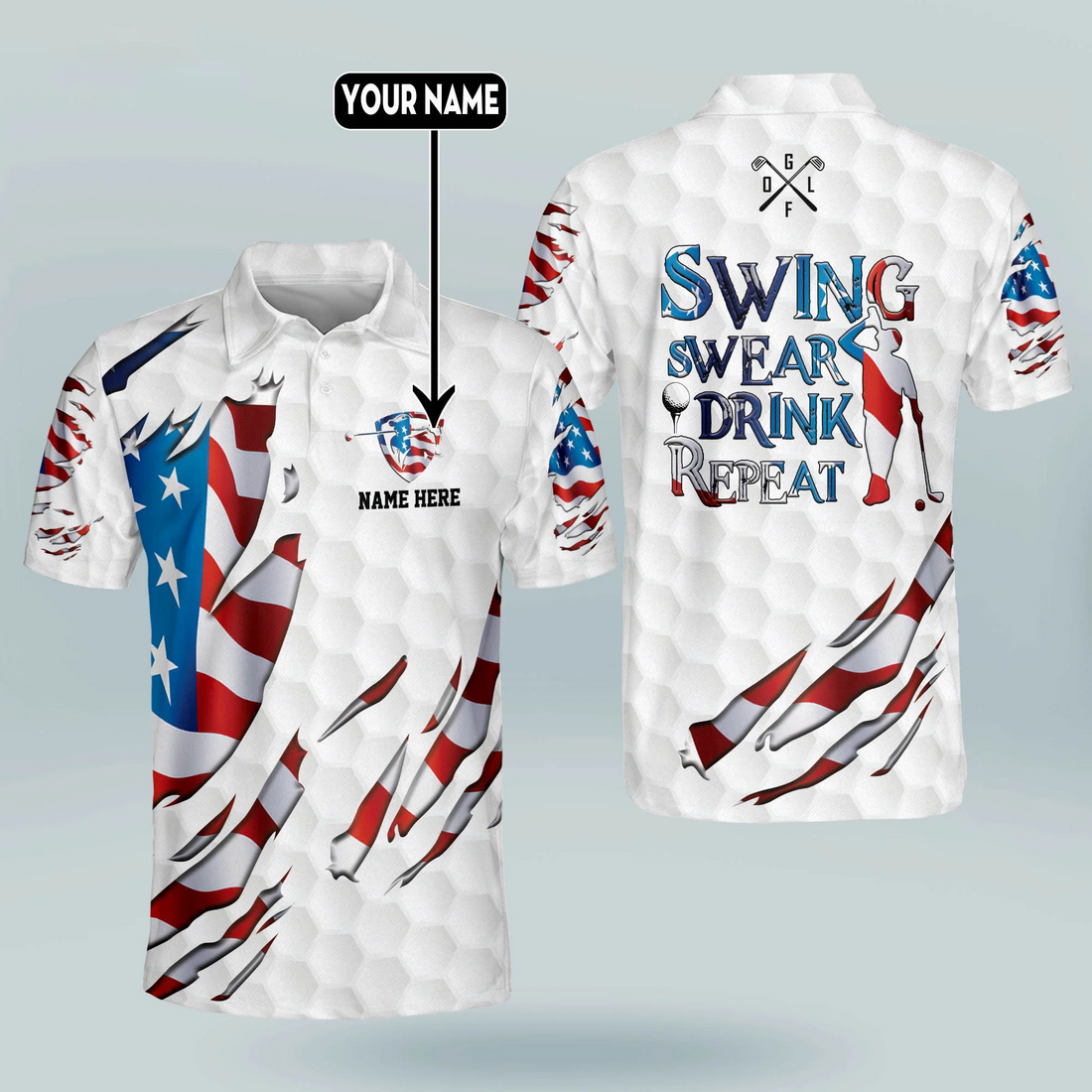 Custom Name Swing Swear Repeat American Flag Ripped Golf Polo Shirtlf Gift For Men, Golfing Apparel