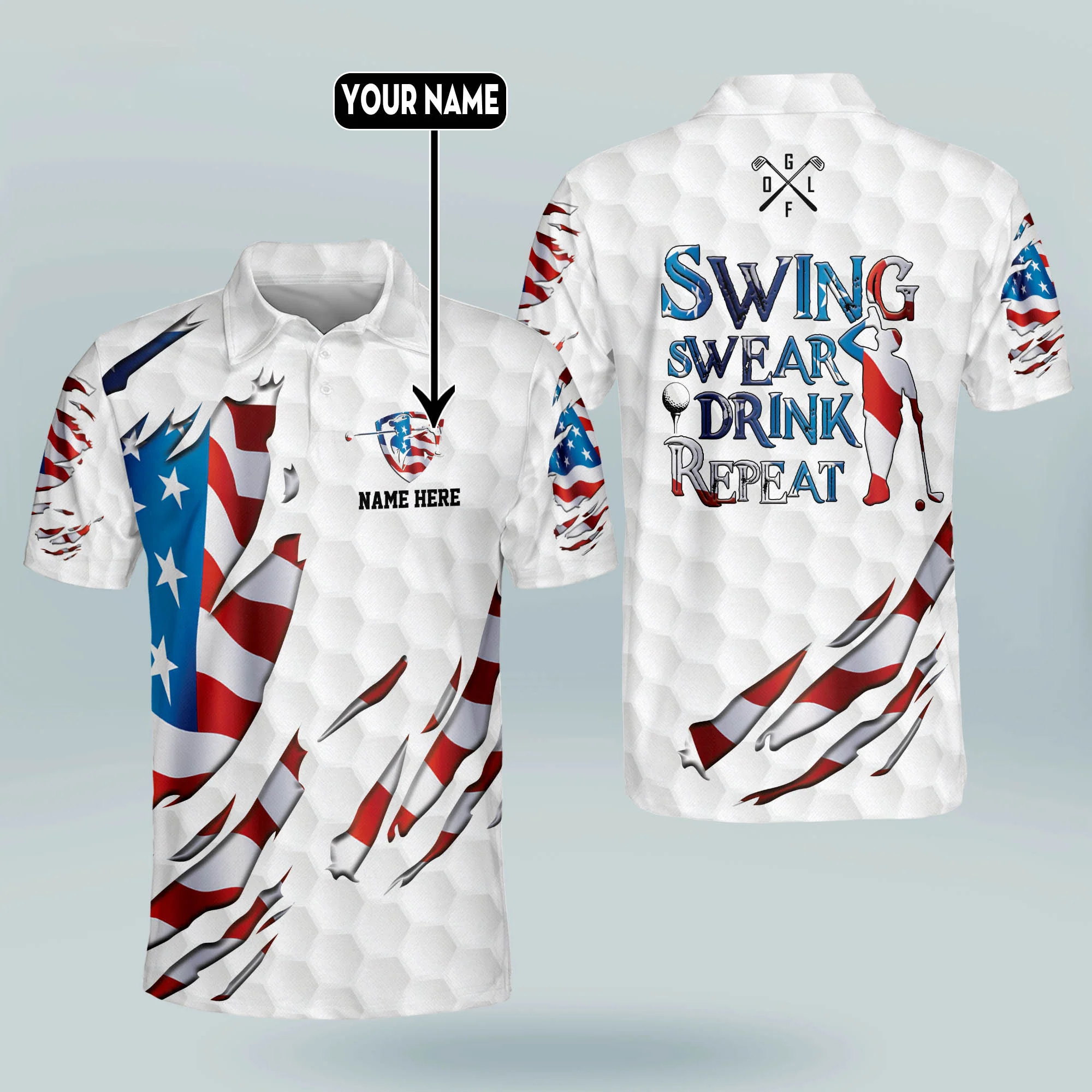 Custom Name Swing Swear Repeat American Flag Ripped Golf Polo Shirtlf Gift For Men, Golfing Apparel