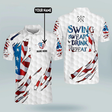 Custom Name Swing Swear Repeat American Flag Ripped Golf Polo Shirtlf Gift For Men, Golfing Apparel