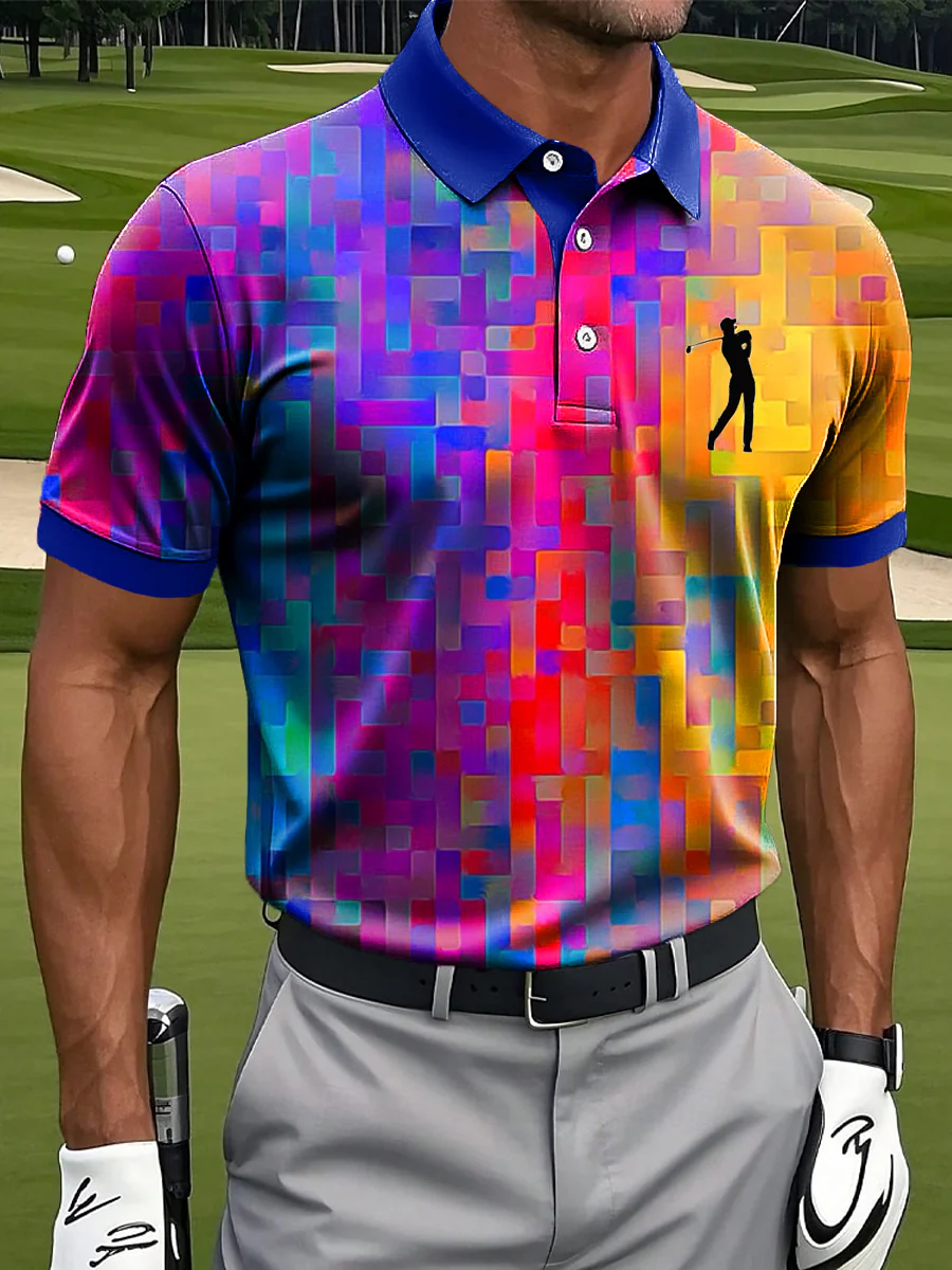 Retro Rainbow Geometric Oil Golf Tops For Men, Polo ShirtFor Men, Golf Gift For Men